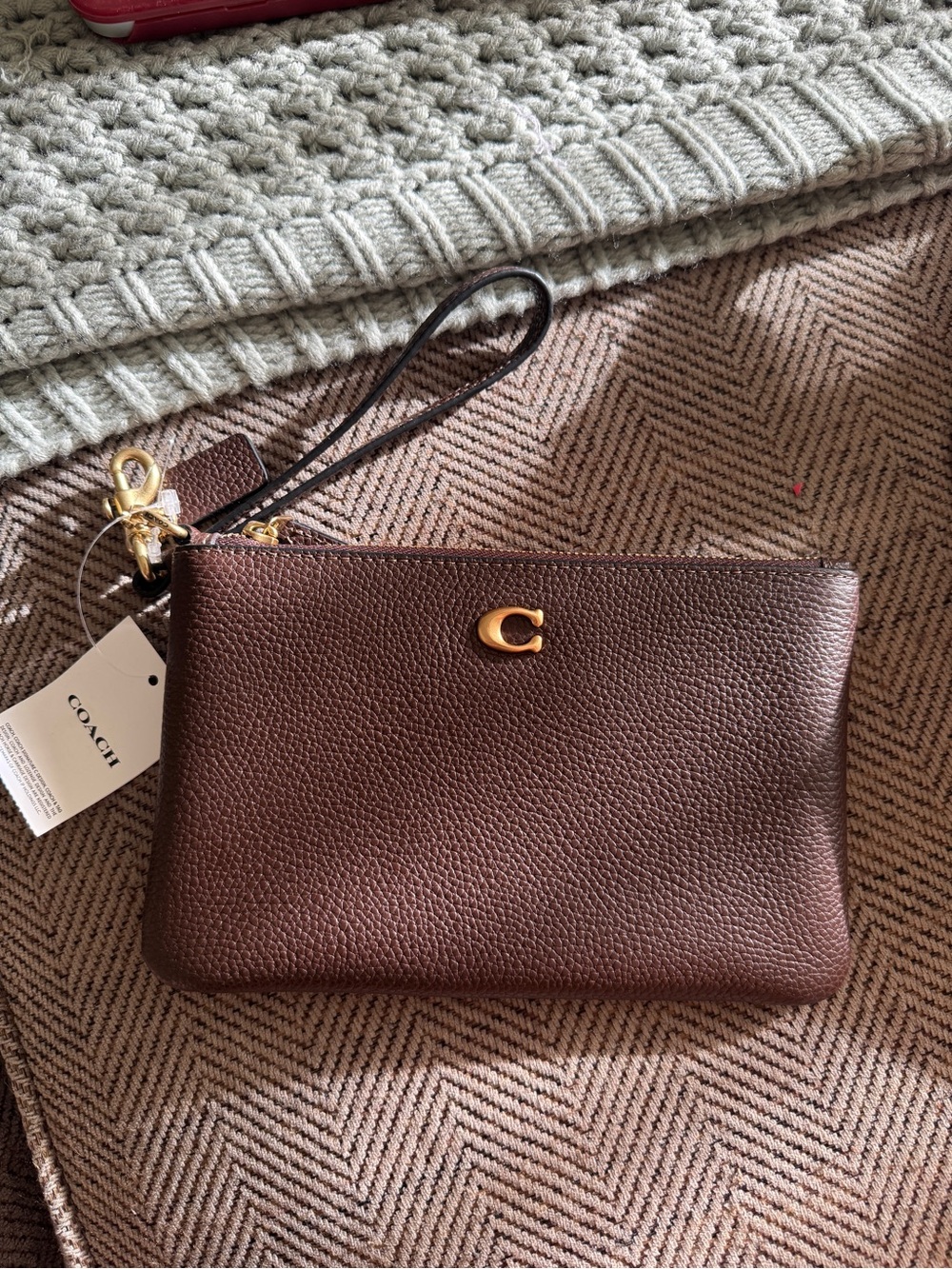 Coach Dark Brown Pebbled Leather Wristlet with Gold 'C' Accent